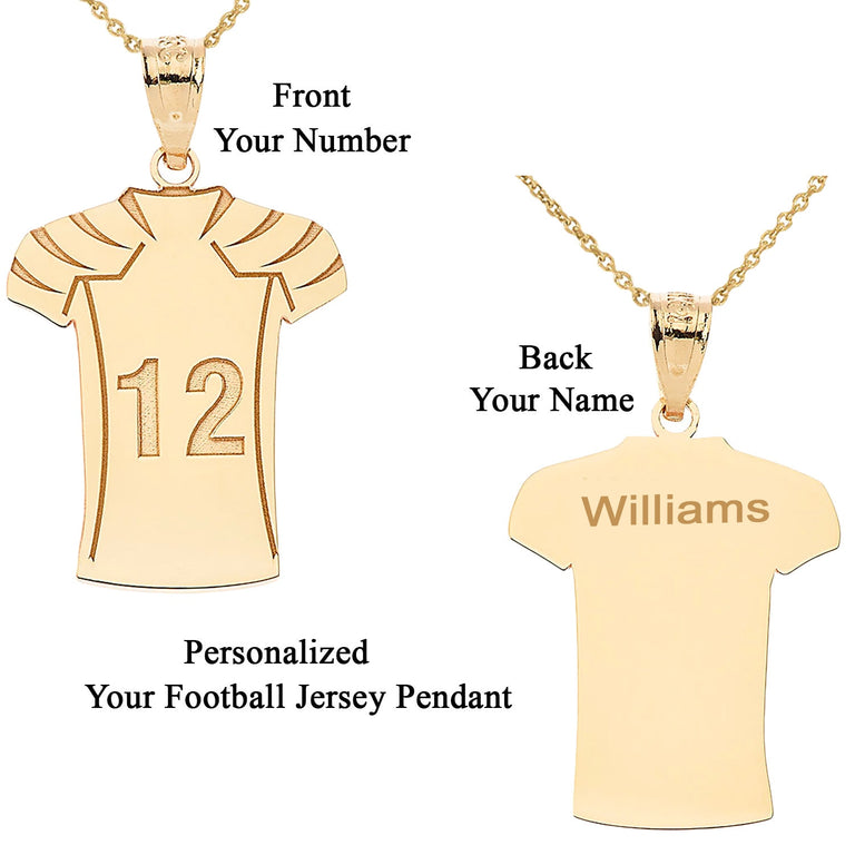 Personalized Engravable Name & Number Football Jersey Front and Back Pendant in Solid Yellow, White and Rose Gold