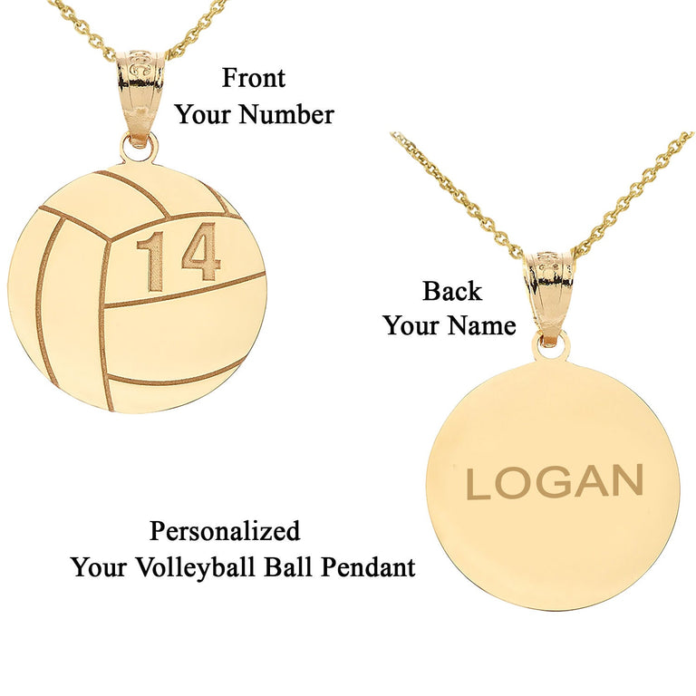 Personalized Name & Number Engravable Front/Back Volleyball Ball Pendant in Solid Yellow, White and Rose Gold