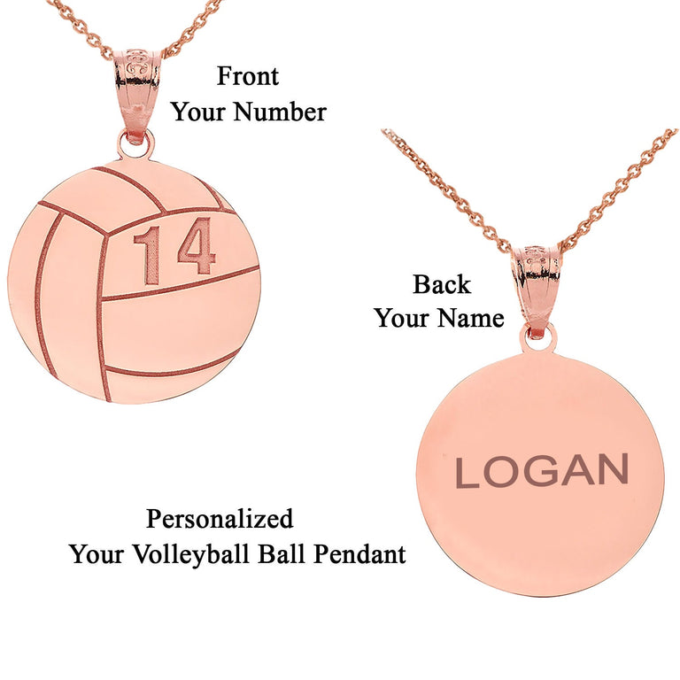Personalized Name & Number Engravable Front/Back Volleyball Ball Pendant in Solid Yellow, White and Rose Gold
