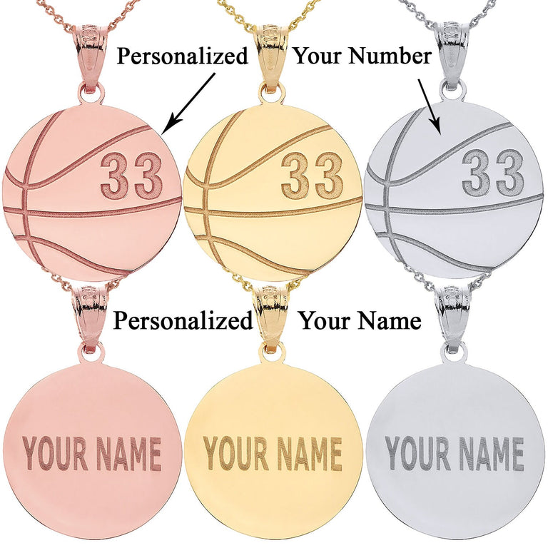 Personalized Name & Number Engravable Front/Back Basketball Ball Pendant in Solid Yellow, White and Rose Gold