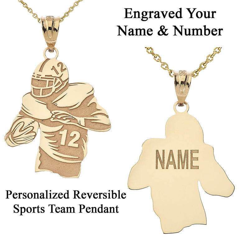 Personalized Name & Number Engravable Front/Back Football Player Jersey Pendant in Solid Yellow, White and Rose Gold