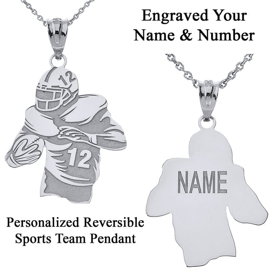 Personalized Name & Number Engravable Front/Back Football Player Jersey Pendant in Solid .925 Sterling Silver