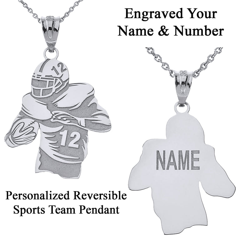 Personalized Name & Number Engravable Front/Back Football Player Jersey Pendant in Solid Yellow, White and Rose Gold