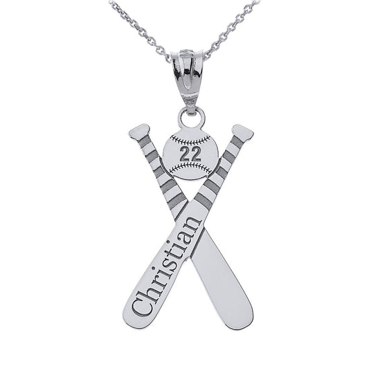 Personalized Engravable Baseball Cross Bats Pendant Name & Number Handcrafted in Solid .925 Sterling Silver