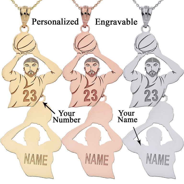 Personalized Engravable Name & Number Basketball Player Front and Back Pendant in Solid Yellow, White and Rose Gold