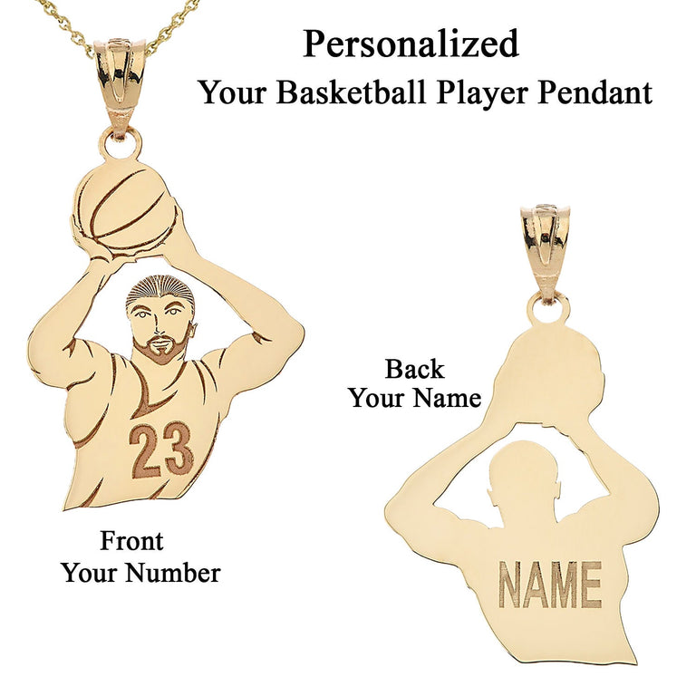 Personalized Engravable Name & Number Basketball Player Front and Back Pendant in Solid Yellow, White and Rose Gold