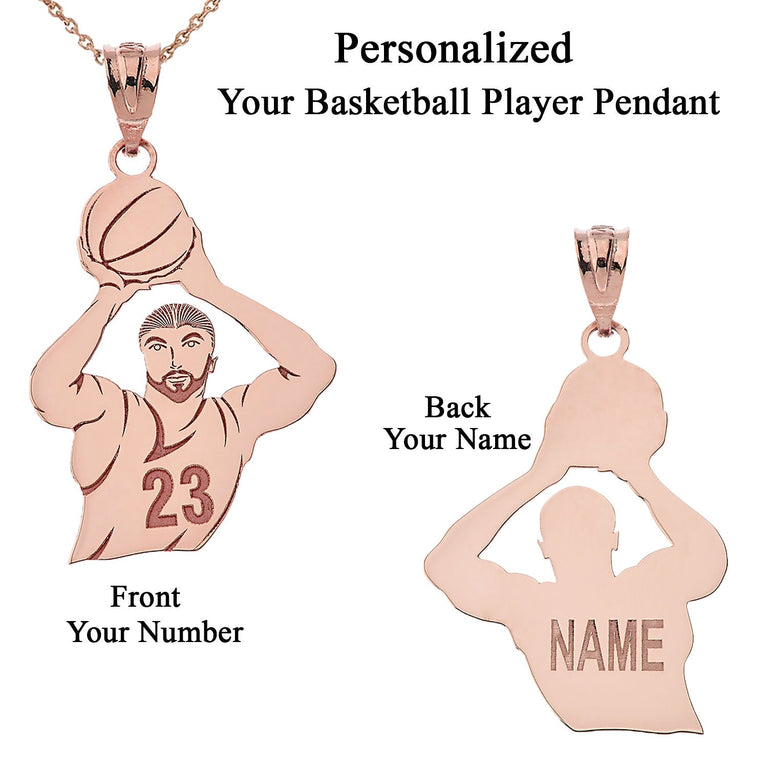 Personalized Engravable Name & Number Basketball Player Front and Back Pendant in Solid Yellow, White and Rose Gold