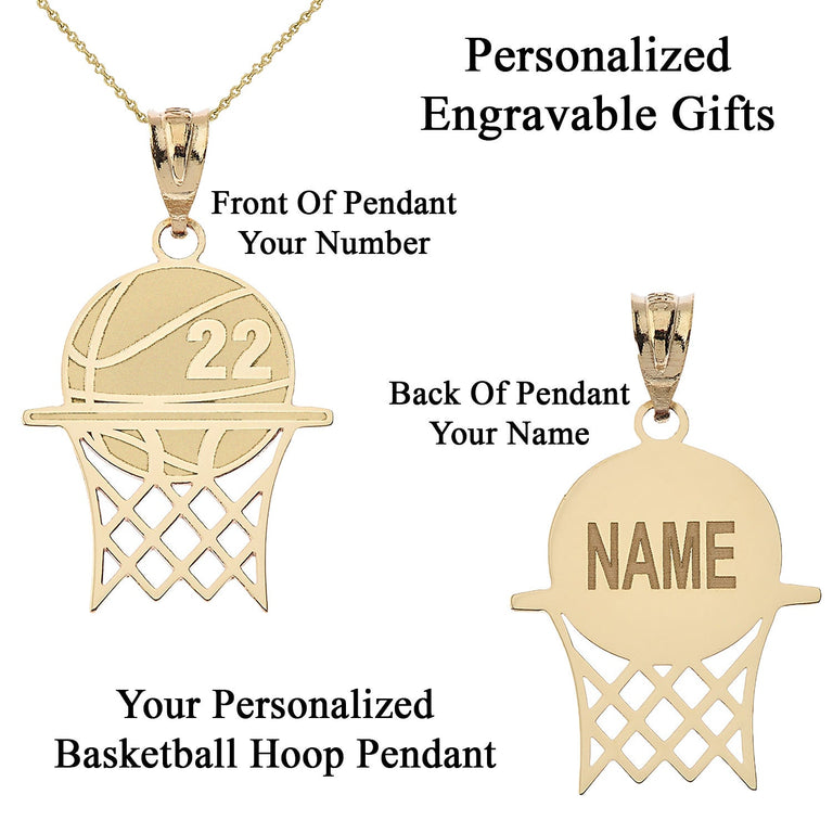 Personalized Engravable Basketball Hoop Pendant Front/Back With Your NAME & NUMBER in Solid Yellow, White and Rose Gold