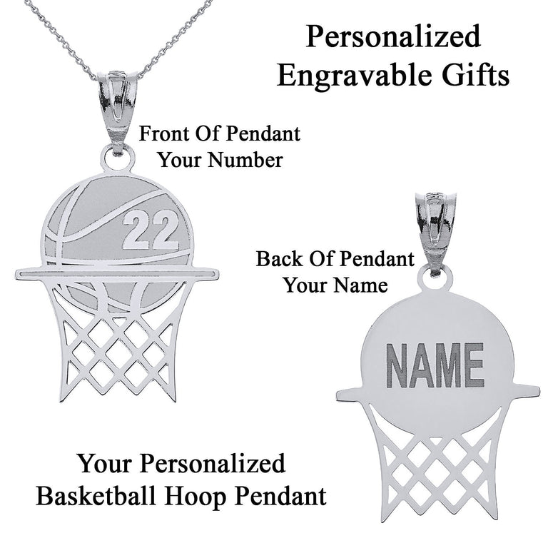 Personalized Engravable Basketball Hoop Pendant Front/Back With Your NAME & NUMBER in Solid .925 Sterling Silver