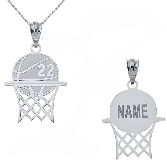 Personalized Engravable Basketball Hoop Pendant Front/Back With Your NAME & NUMBER in Solid .925 Sterling Silver