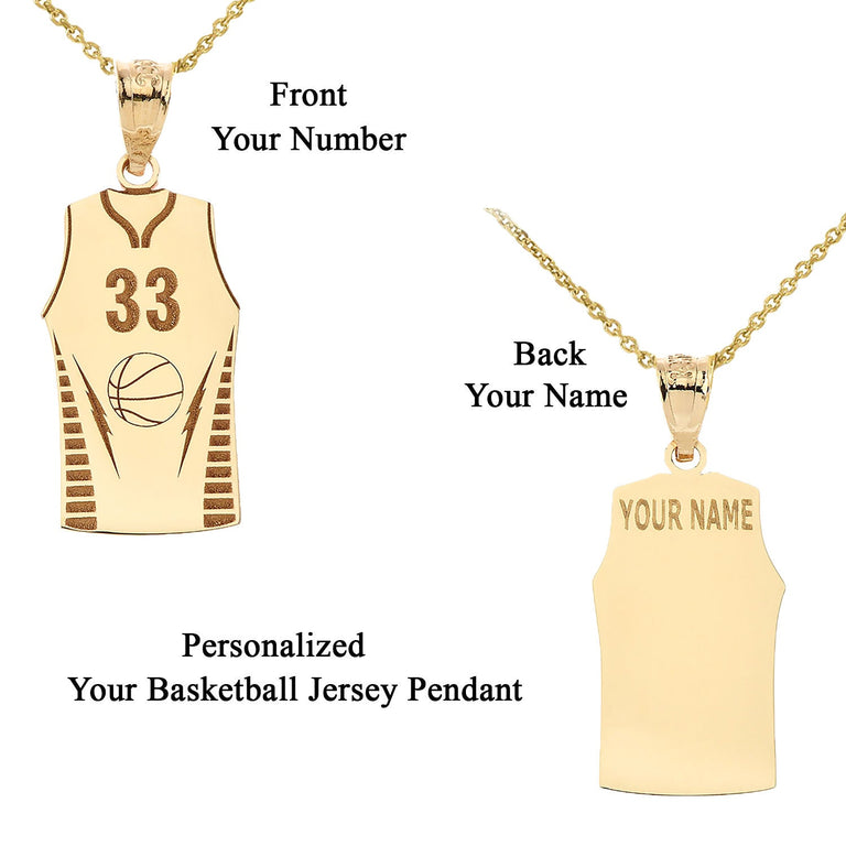 Personalized Engravable Basketball Jersey Pendant Your Name & Number in Solid Yellow, White and Rose Gold