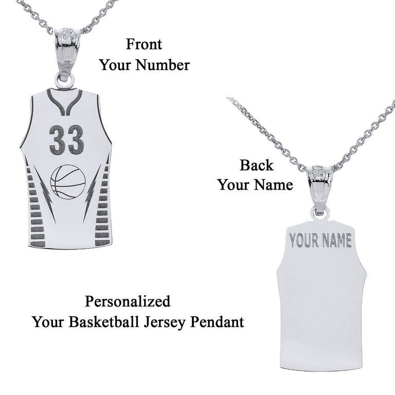 Personalized Engravable Basketball Jersey Pendant Your Name & Number in Solid .925 Sterling Silver