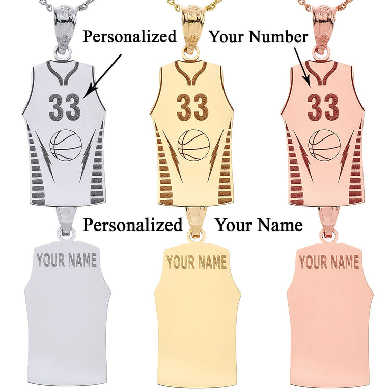 Personalized Engravable Basketball Jersey Pendant Your Name & Number in Solid Yellow, White and Rose Gold