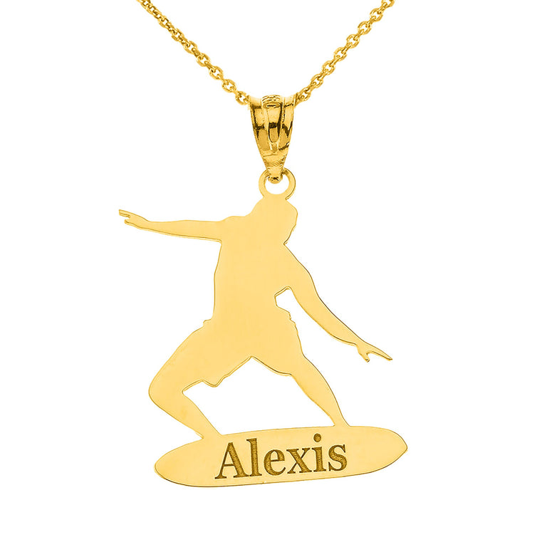 Personalized Longboard Surfing Pendant By Engraving Your NAME in Solid Yellow, White and Rose Gold