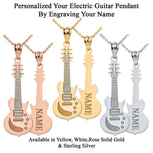 Personalized Your Music Electric Guitar Pendant Necklace Engrave With Your NAME in Solid Yellow, White and Rose Gold