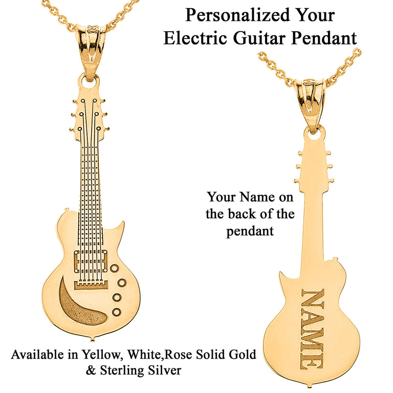 Personalized Your Music Electric Guitar Pendant Necklace Engrave With Your NAME in Solid Yellow, White and Rose Gold