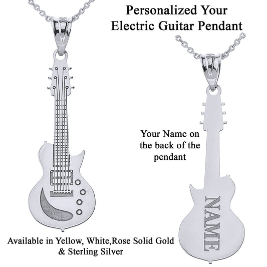 Personalized Your Music Electric Guitar Pendant Necklace Engrave With Your NAME in Solid .925 Sterling Silver