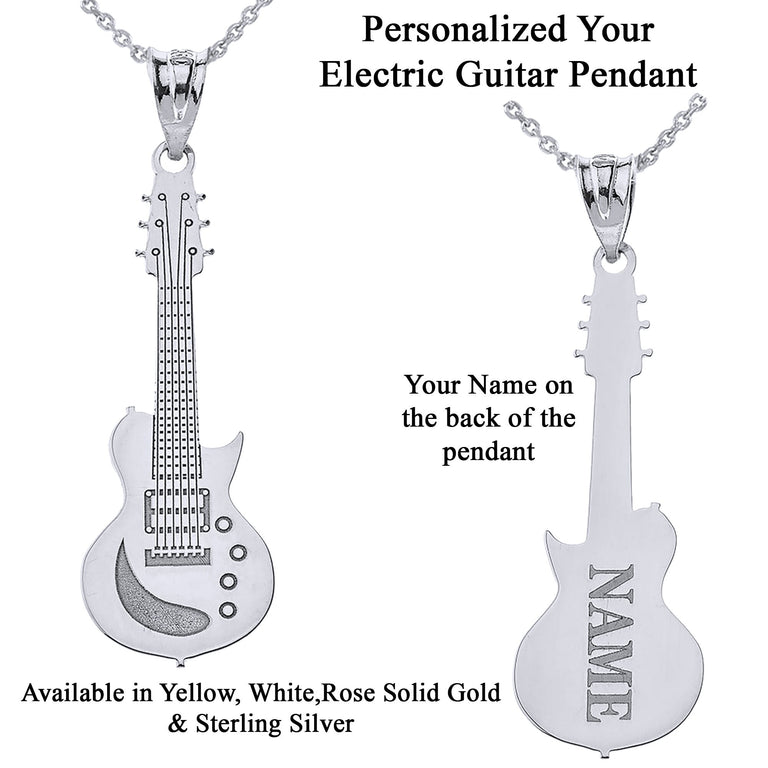 Personalized Your Music Electric Guitar Pendant Necklace Engrave With Your NAME in Solid Yellow, White and Rose Gold