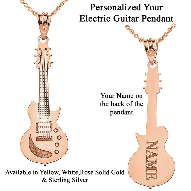 Personalized Your Music Electric Guitar Pendant Necklace Engrave With Your NAME in Solid Yellow, White and Rose Gold