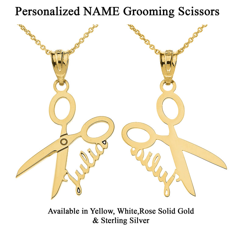 Personalized NAME Grooming Scissors Barbershop Salon Haircut Pendant Necklace in Solid Yellow, White and Rose Gold