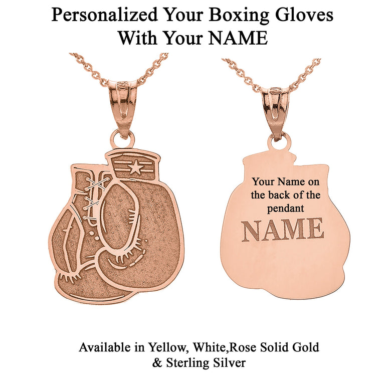 Personalized Your Sports Boxing Gloves Gauntlet Pendant Necklace Engraved Your NAME in Solid Yellow, White and Rose Gold