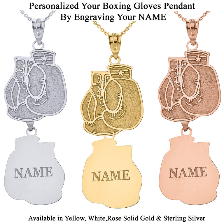 Personalized Your Sports Boxing Gloves Gauntlet Pendant Necklace Engraved Your NAME in Solid Yellow, White and Rose Gold