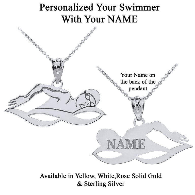 Personalized Your Swimming Swimmer Sports Pendant Necklace Engraved With Your NAME in Solid Yellow, White and Rose Gold