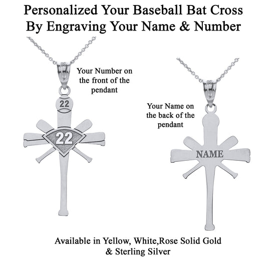 Personalized Name & Number Engravable Front/Back Baseball Bat Cross Pendant in Solid .925 Silver