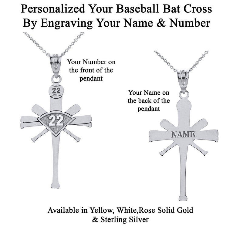 Personalized Name & Number Engravable Front/Back Baseball Bat Cross Pendant in Solid Yellow, White, Rose Gold