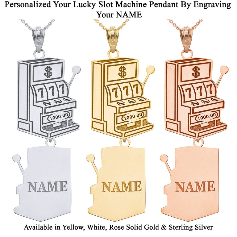 Personalized Your Lucky 7 Gambling Slot Machine Pendant Necklace Engraved Your NAME Handmade Solid Yellow, White and Rose Gold