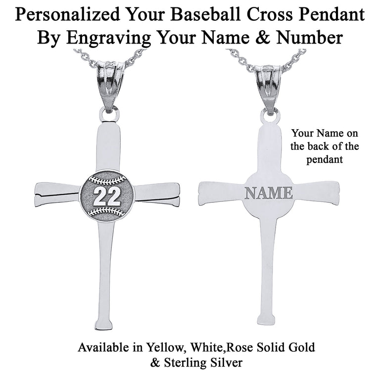 Personalized Name & Number Engravable Front/Back Sports Baseball Bat Cross Pendant in Solid Yellow, White and Rose Gold