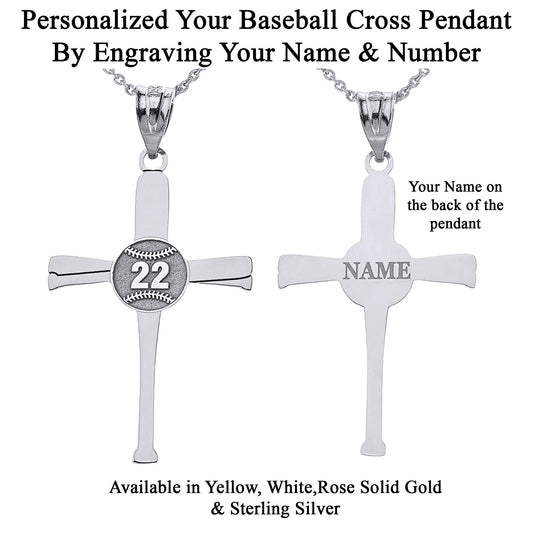 Personalized Name & Number Engravable Front/Back Sports Baseball Bat Cross Pendant in Solid .925 Sterling Silver