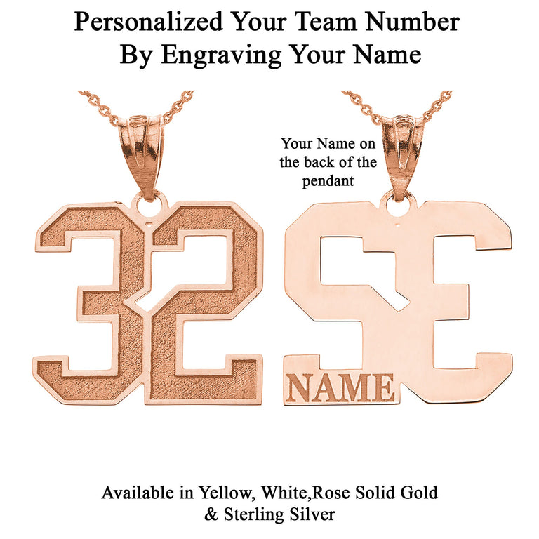 Personalized Your Sports Team Number Pendant Necklace By Engraving Your NAME in Solid Yellow, White and Rose Gold
