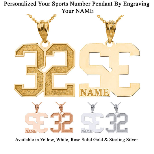 Personalized Your Sports Team Number Pendant Necklace By Engraving Your NAME in Solid Yellow, White and Rose Gold