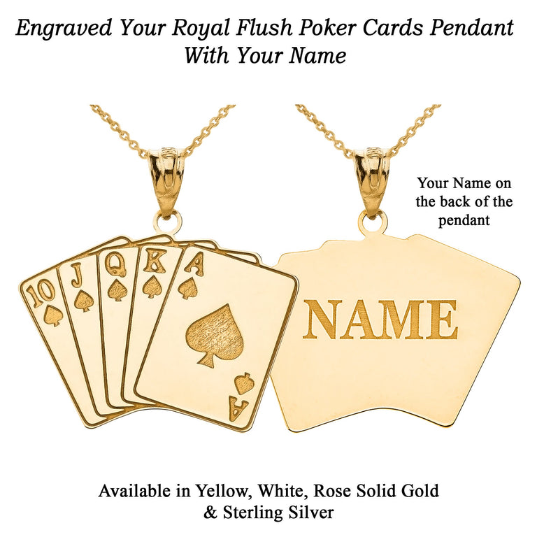 Royal flush A, K, Q, J, 10 Lucky Poker Cards Hand Engravable With Your NAME in Solid Yellow, White and Rose Gold