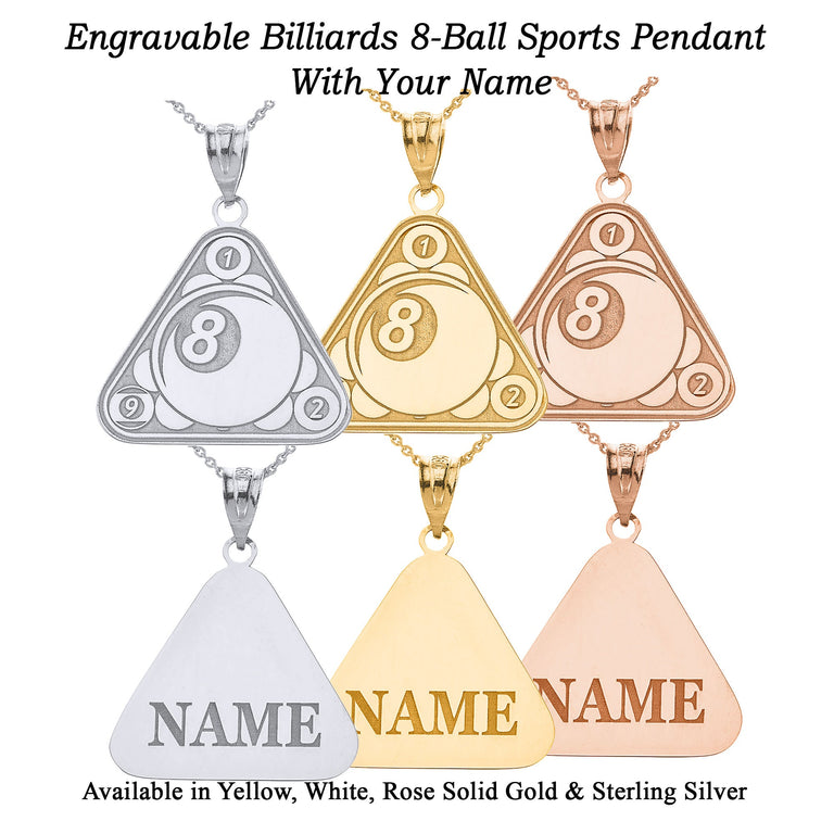 Personalized Engravable Billiards 8-Ball Pool Sports Pendant With Your NAME in Solid Yellow, White and Rose Gold