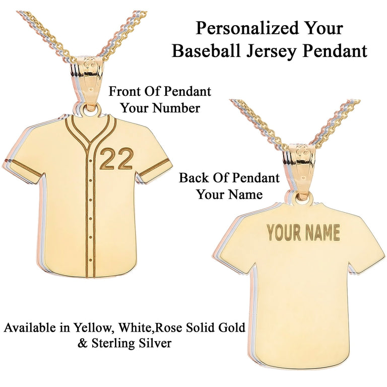 Personalized Name & Number Engravable Front/Back Baseball Player Jersey Pendant Necklace in Solid Yellow, White and Rose Gold