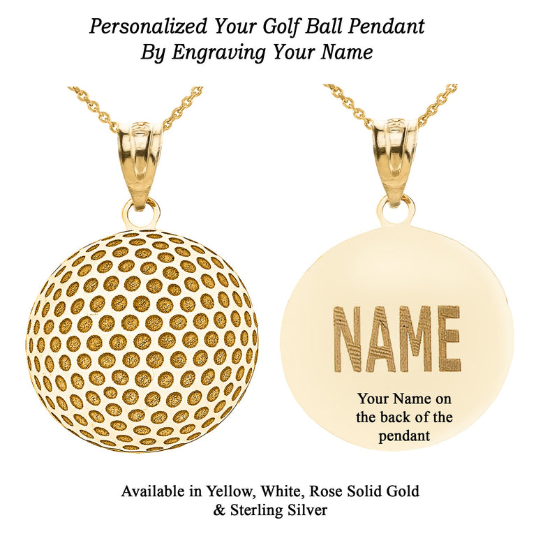 Personalized Your Sports Golf Ball Pendant Necklace By Engraving Your NAME in Solid Yellow, White and Rose Gold