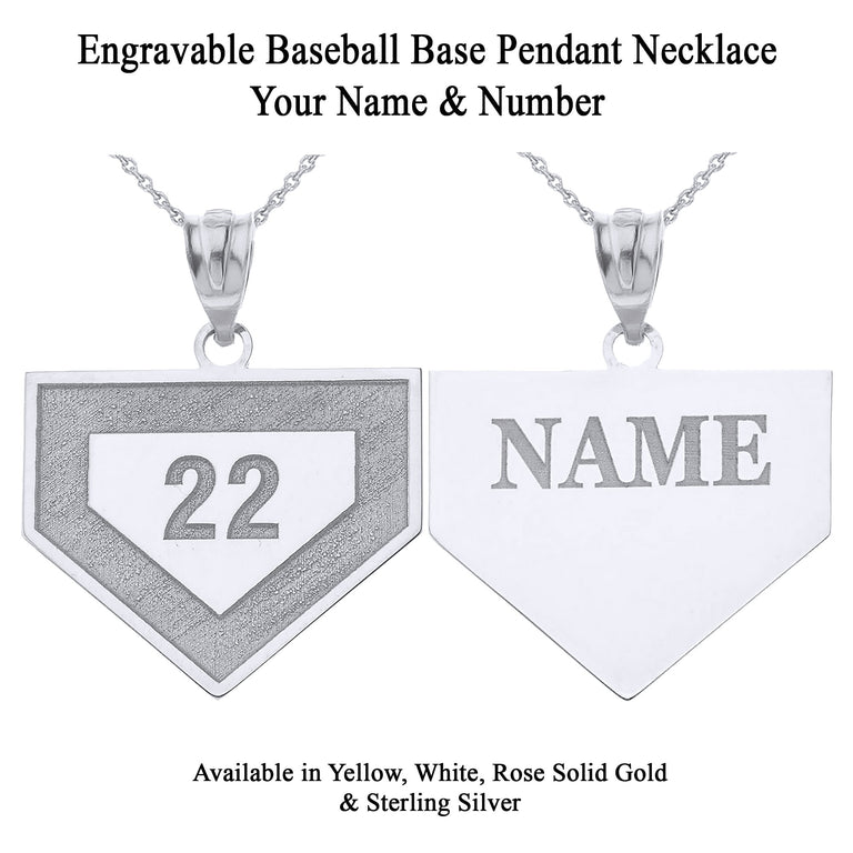 Engravable Personalized Baseball Base Pendant Necklace With Name & Number in Solid Yellow, White and Rose Gold
