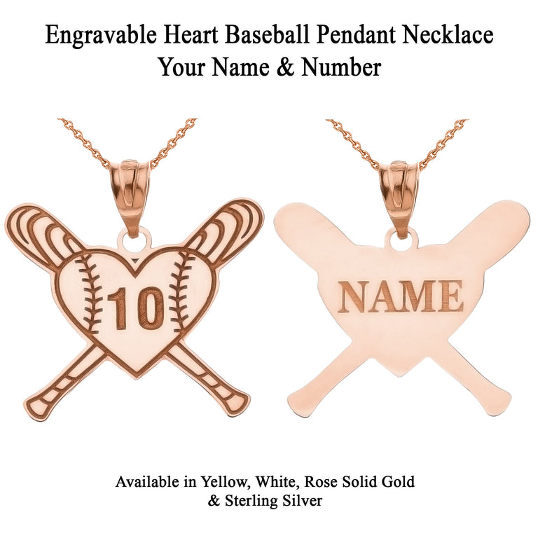 Personalized Engravable Baseball Love Heart Shaped Pendant Necklace With Your NAME in Solid Yellow, White and Rose Gold