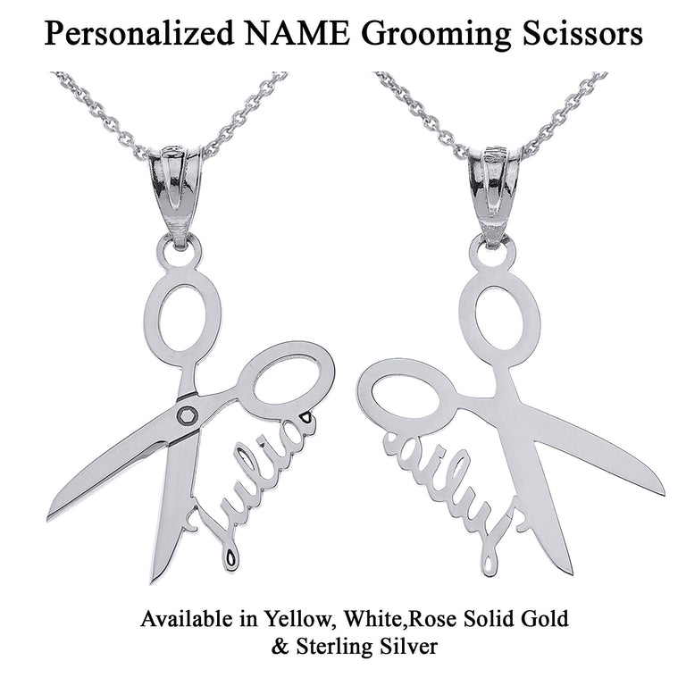 Personalized NAME Grooming Scissors Barbershop Salon Haircut Pendant Necklace in Solid Yellow, White and Rose Gold