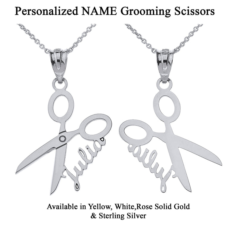 Personalized NAME Grooming Scissors Barbershop Salon Haircut Pendant Necklace in Solid .925 Sterling Silver