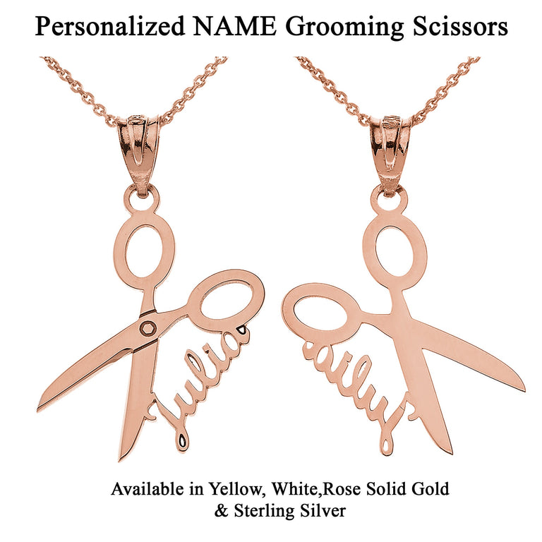Personalized NAME Grooming Scissors Barbershop Salon Haircut Pendant Necklace in Solid Yellow, White and Rose Gold