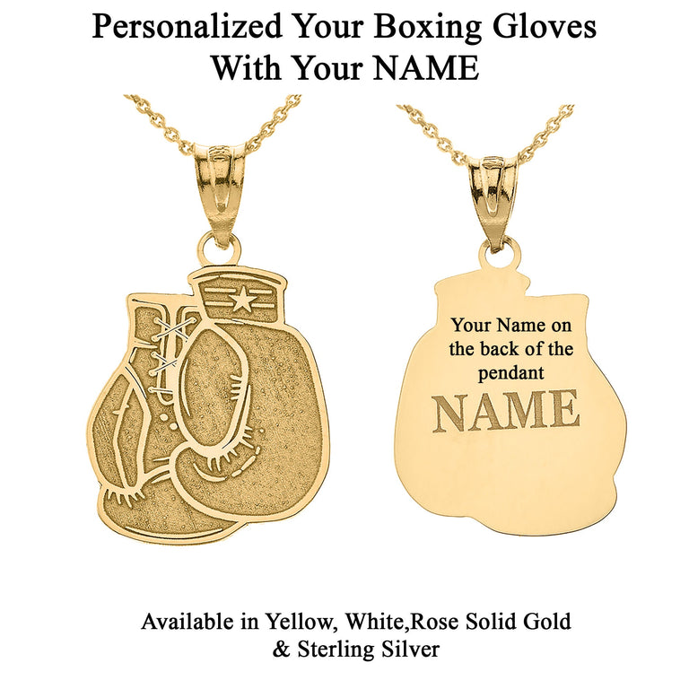 Personalized Your Sports Boxing Gloves Gauntlet Pendant Necklace Engraved Your NAME in Solid Yellow, White and Rose Gold