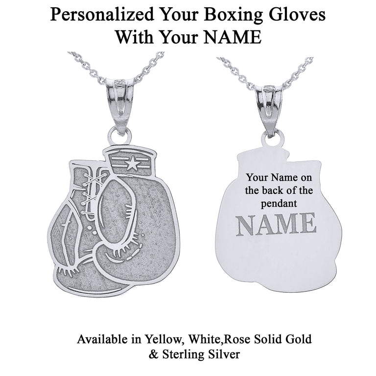 Personalized Your Sports Boxing Gloves Gauntlet Pendant Necklace Engraved Your NAME in Solid Yellow, White and Rose Gold