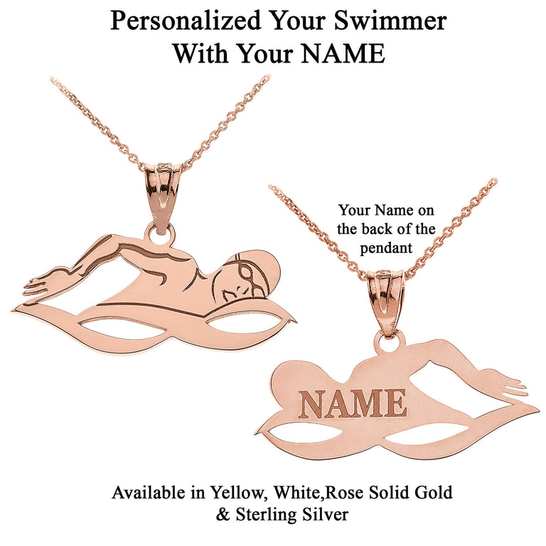 Personalized Your Swimming Swimmer Sports Pendant Necklace Engraved With Your NAME in Solid Yellow, White and Rose Gold