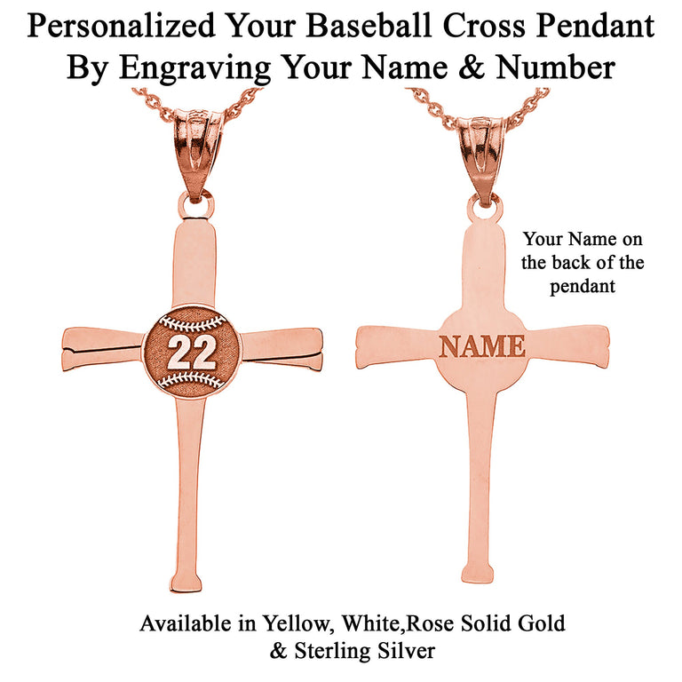 Personalized Name & Number Engravable Front/Back Sports Baseball Bat Cross Pendant in Solid Yellow, White and Rose Gold