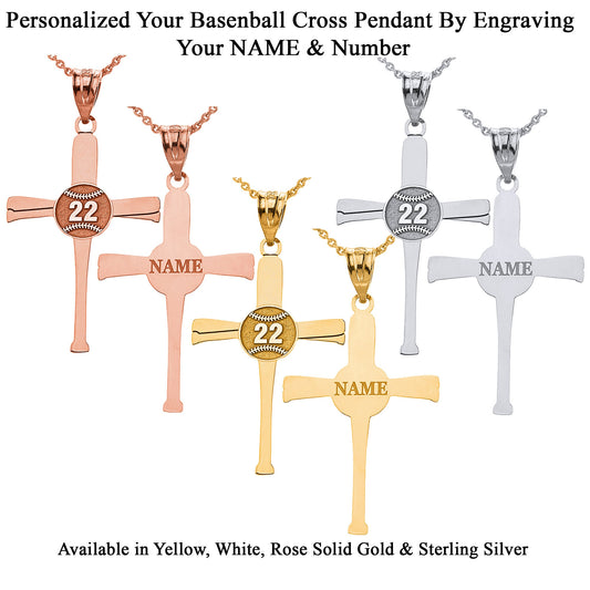 Personalized Name & Number Engravable Front/Back Sports Baseball Bat Cross Pendant in Solid Yellow, White and Rose Gold