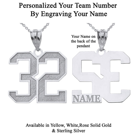 Personalized Your Sports Team Number Pendant Necklace By Engraving Your NAME in Solid .925 Sterling Silver