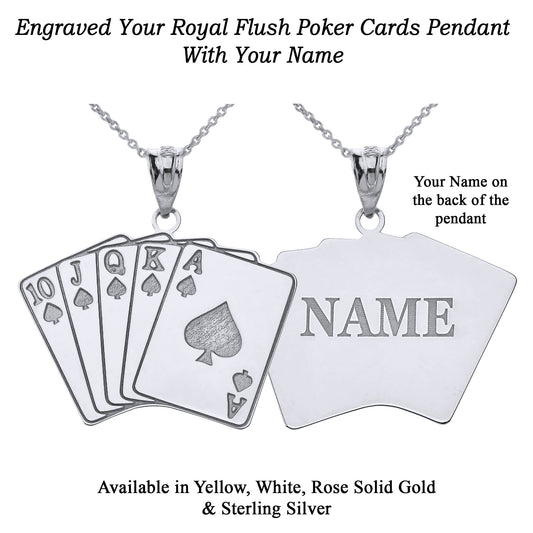 Royal flush A, K, Q, J, 10 Lucky Poker Cards Hand Engravable With Your NAME in Solid .925 Sterling Silver